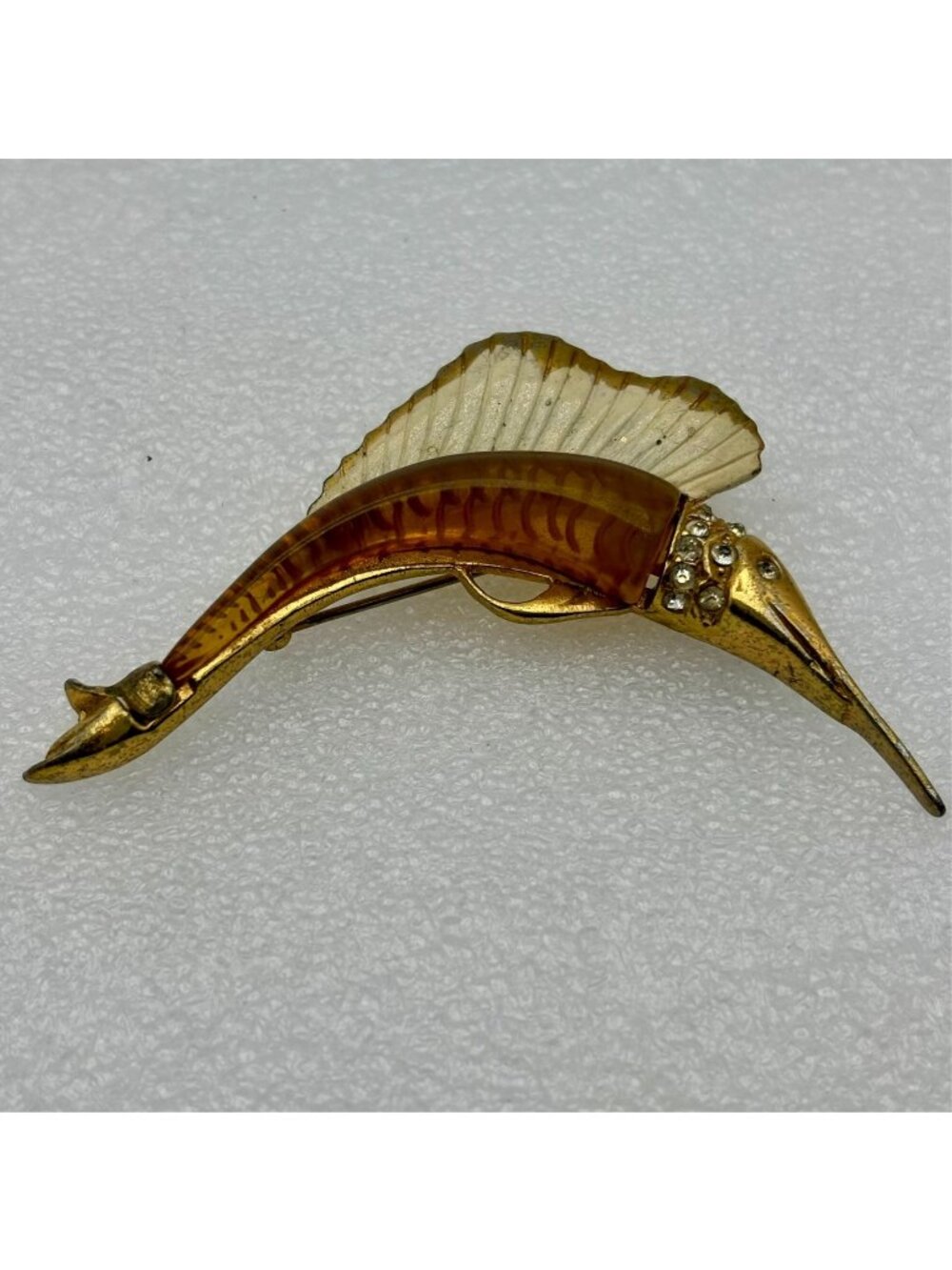 Amber Bakelite - Lucite Jelly Belly Rhinestone Swordfish-Sawfish Brooch